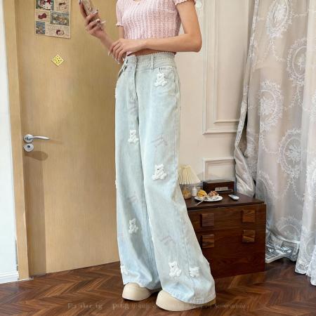 FA49090# 高品质150小矮个子刺绣小熊蕾丝花边女阔腿高腰显高牛仔裤 服裝批發女裝批發服飾貨源
