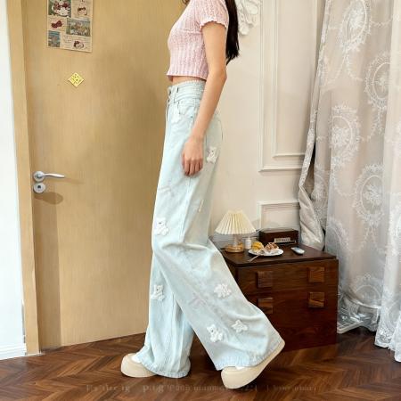 FA49090# 高品质150小矮个子刺绣小熊蕾丝花边女阔腿高腰显高牛仔裤 服裝批發女裝批發服飾貨源