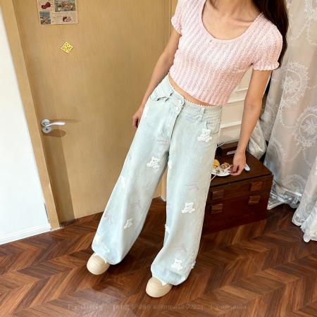 FA49090# 高品质150小矮个子刺绣小熊蕾丝花边女阔腿高腰显高牛仔裤 服裝批發女裝批發服飾貨源