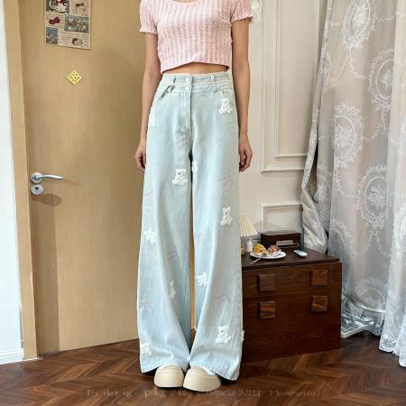 FA49090# 高品质150小矮个子刺绣小熊蕾丝花边女阔腿高腰显高牛仔裤 服裝批發女裝批發服飾貨源