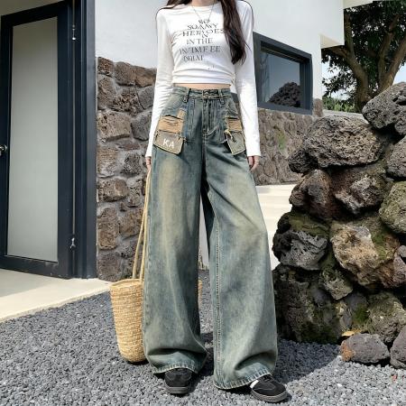 FA49092# 高品质小矮个子美式直筒牛仔裤女秋口袋破洞设计拖地阔腿裤 服裝批發女裝批發服飾貨源