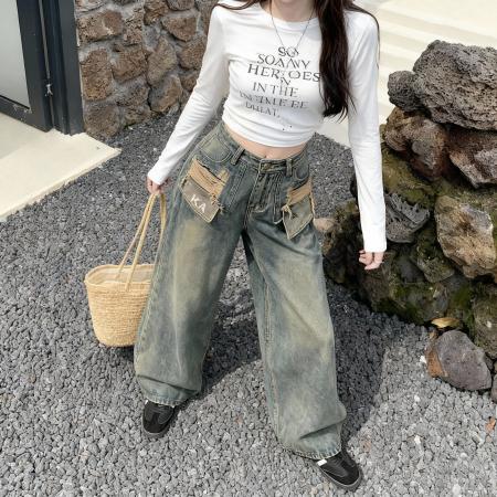 FA49092# 高品质小矮个子美式直筒牛仔裤女秋口袋破洞设计拖地阔腿裤 服裝批發女裝批發服飾貨源