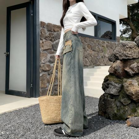 FA49092# 高品质小矮个子美式直筒牛仔裤女秋口袋破洞设计拖地阔腿裤 服裝批發女裝批發服飾貨源