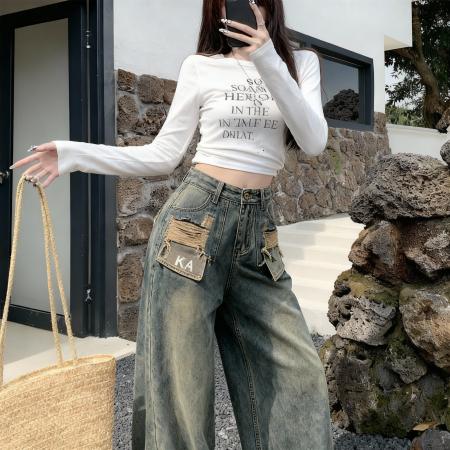 FA49092# 高品质小矮个子美式直筒牛仔裤女秋口袋破洞设计拖地阔腿裤 服裝批發女裝批發服飾貨源