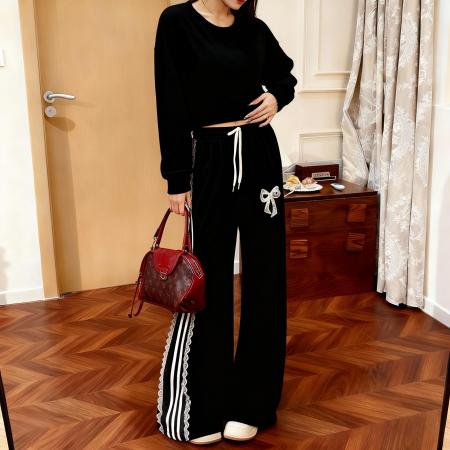 FA49093# 150小矮个子蕾丝拼接条纹可爱休闲裤女秋运动卫裤高腰阔腿裤 服裝批發女裝批發服飾貨源