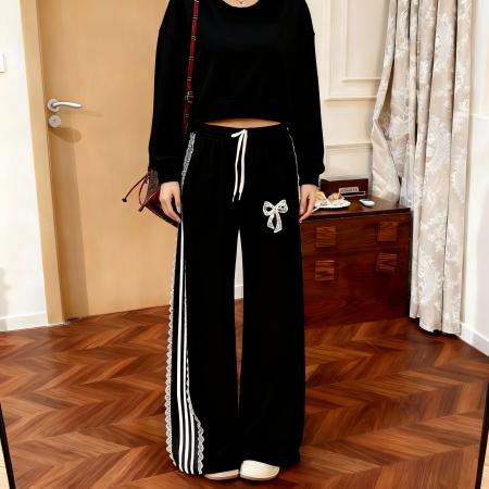 FA49093# 150小矮个子蕾丝拼接条纹可爱休闲裤女秋运动卫裤高腰阔腿裤 服裝批發女裝批發服飾貨源