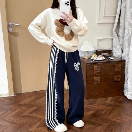 FA49093# 150小矮个子蕾丝拼接条纹可爱休闲裤女秋运动卫裤高腰阔腿裤 服裝批發女裝批發服飾貨源