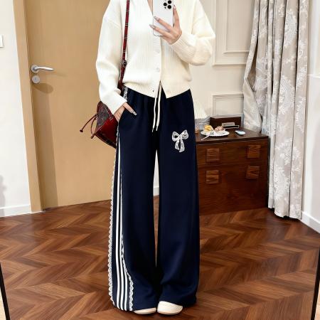 FA49093# 150小矮个子蕾丝拼接条纹可爱休闲裤女秋运动卫裤高腰阔腿裤 服裝批發女裝批發服飾貨源