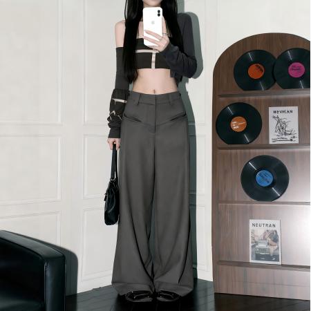 FA49094# 150小矮个子美式西装裤女秋高腰宽松直筒裤休闲阔腿拖地裤 服裝批發女裝批發服飾貨源