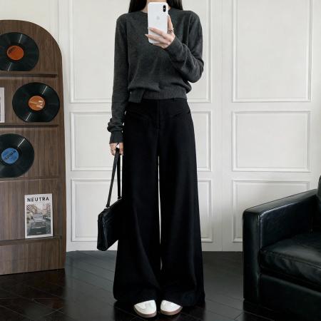 FA49094# 150小矮个子美式西装裤女秋高腰宽松直筒裤休闲阔腿拖地裤 服裝批發女裝批發服飾貨源