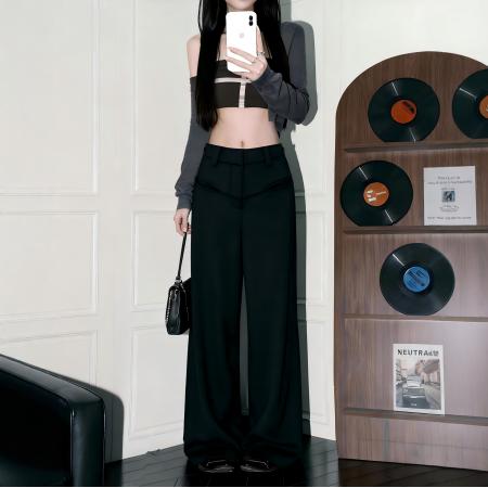 FA49094# 150小矮个子美式西装裤女秋高腰宽松直筒裤休闲阔腿拖地裤 服裝批發女裝批發服飾貨源