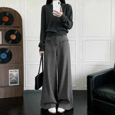 FA49094# 150小矮个子美式西装裤女秋高腰宽松直筒裤休闲阔腿拖地裤 服裝批發女裝批發服飾貨源