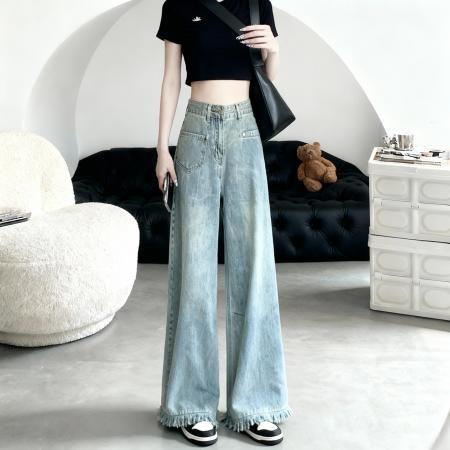 FA49095# 高品质150小个子流苏牛仔裤女宽松直筒高腰拖地毛边阔腿裤xs 服裝批發女裝批發服飾貨源