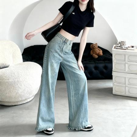FA49095# 高品质150小个子流苏牛仔裤女宽松直筒高腰拖地毛边阔腿裤xs 服裝批發女裝批發服飾貨源