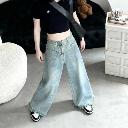 FA49095# 高品质150小个子流苏牛仔裤女宽松直筒高腰拖地毛边阔腿裤xs 服裝批發女裝批發服飾貨源
