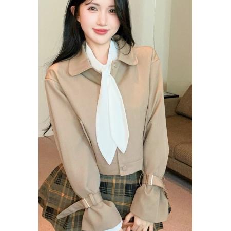 FA49097# 学院风JK制服套装短款夹克风衣外套衬衫百褶短裙三件套女 服裝批發女裝批發服飾貨源