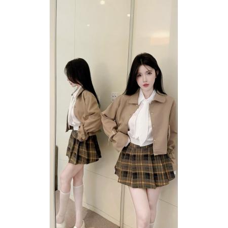 FA49097# 学院风JK制服套装短款夹克风衣外套衬衫百褶短裙三件套女 服裝批發女裝批發服飾貨源