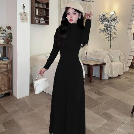 FA49098# 法式气质长袖针织连衣裙新款秋冬高级感修身内搭中高领 服裝批發女裝批發服飾貨源