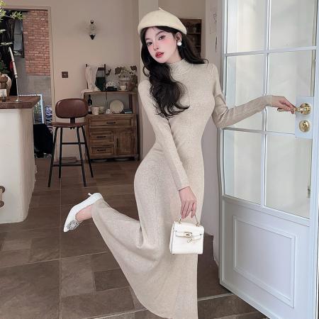 FA49098# 法式气质长袖针织连衣裙新款秋冬高级感修身内搭中高领 服裝批發女裝批發服飾貨源