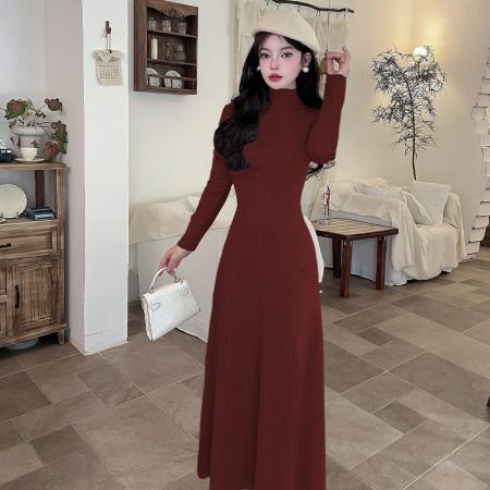 FA49098# 法式气质长袖针织连衣裙新款秋冬高级感修身内搭中高领 服裝批發女裝批發服飾貨源