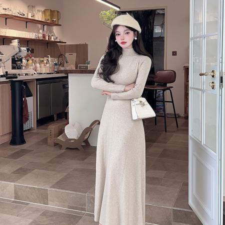 FA49098# 法式气质长袖针织连衣裙新款秋冬高级感修身内搭中高领 服裝批發女裝批發服飾貨源
