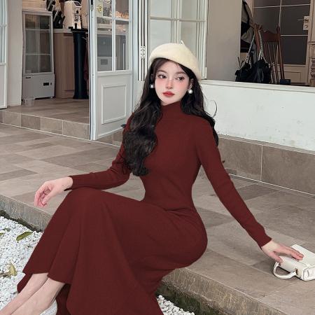 FA49098# 法式气质长袖针织连衣裙新款秋冬高级感修身内搭中高领 服裝批發女裝批發服飾貨源