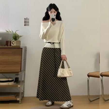 FA49099# 法式温柔风时尚套装女早秋超好看御姐风针织条纹半身裙子两件套裙 服裝批發女裝批發服飾貨源