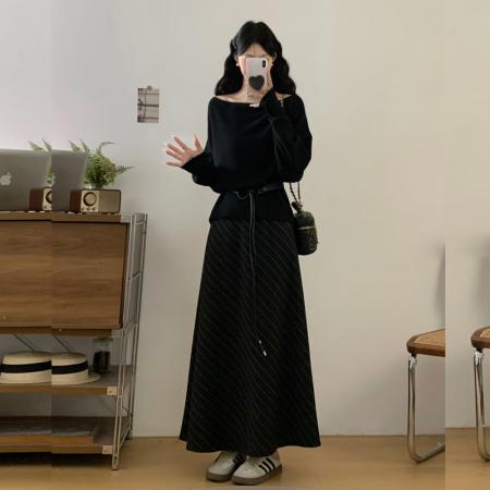 FA49099# 法式温柔风时尚套装女早秋超好看御姐风针织条纹半身裙子两件套裙 服裝批發女裝批發服飾貨源