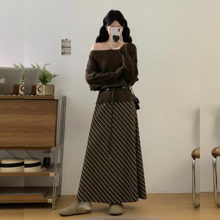 FA49099# 法式温柔风时尚套装女早秋超好看御姐风针织条纹半身裙子两件套裙 服裝批發女裝批發服飾貨源