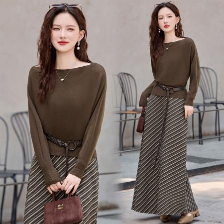FA49099# 法式温柔风时尚套装女早秋超好看御姐风针织条纹半身裙子两件套裙 服裝批發女裝批發服飾貨源