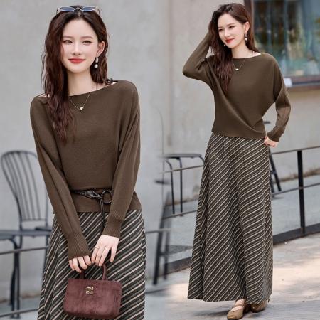 FA49099# 法式温柔风时尚套装女早秋超好看御姐风针织条纹半身裙子两件套裙 服裝批發女裝批發服飾貨源