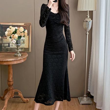 FA49100# 高级法式名媛气质长袖方领蕾丝鱼尾连衣裙黑色小礼服秋冬打底长裙 服裝批發女裝批發服飾貨源