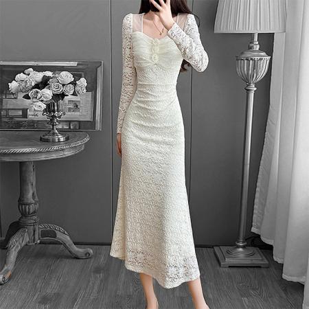 FA49100# 高级法式名媛气质长袖方领蕾丝鱼尾连衣裙黑色小礼服秋冬打底长裙 服裝批發女裝批發服飾貨源