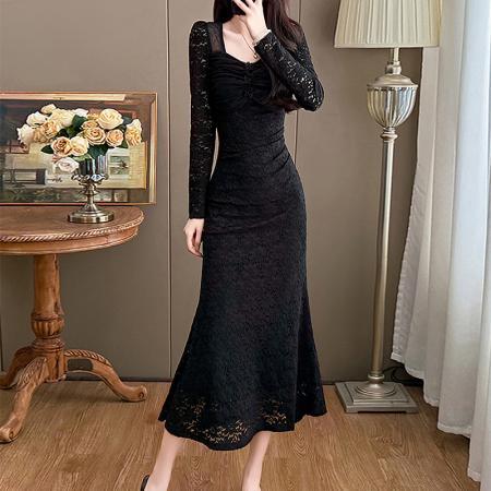 FA49100# 高级法式名媛气质长袖方领蕾丝鱼尾连衣裙黑色小礼服秋冬打底长裙 服裝批發女裝批發服飾貨源