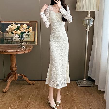 FA49100# 高级法式名媛气质长袖方领蕾丝鱼尾连衣裙黑色小礼服秋冬打底长裙 服裝批發女裝批發服飾貨源