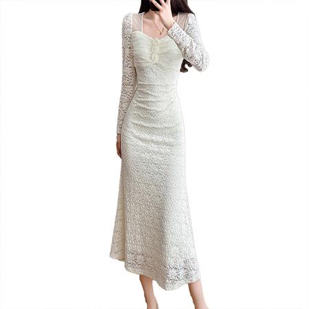 FA49100# 高级法式名媛气质长袖方领蕾丝鱼尾连衣裙黑色小礼服秋冬打底长裙 服裝批發女裝批發服飾貨源