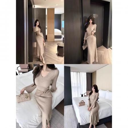 FA49101# 高级感纯欲V领针织毛衣连衣裙极简风设计感秋冬内搭包臀内搭长裙 服裝批發女裝批發服飾貨源