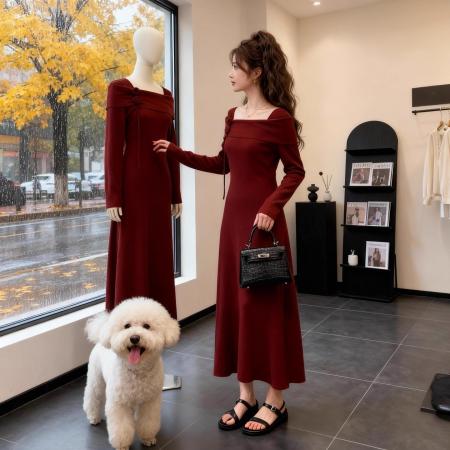 FA49104# 法式轻熟优雅风红色针织连衣裙女秋冬设计感收腰显瘦气质长裙 服裝批發女裝批發服飾貨源