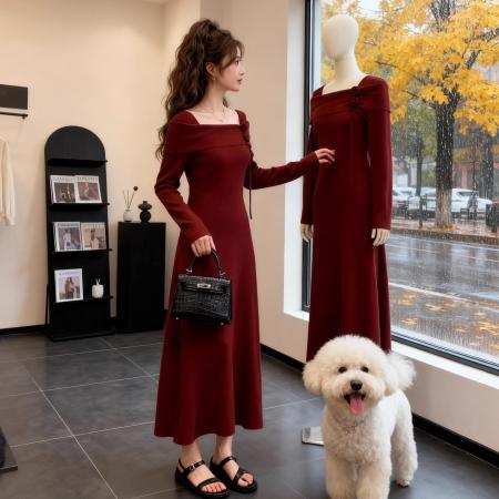 FA49104# 法式轻熟优雅风红色针织连衣裙女秋冬设计感收腰显瘦气质长裙 服裝批發女裝批發服飾貨源