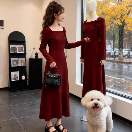 FA49104# 法式轻熟优雅风红色针织连衣裙女秋冬设计感收腰显瘦气质长裙 服裝批發女裝批發服飾貨源