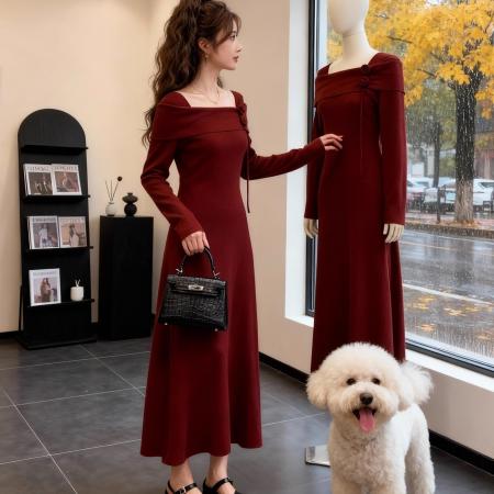 FA49104# 法式轻熟优雅风红色针织连衣裙女秋冬设计感收腰显瘦气质长裙 服裝批發女裝批發服飾貨源