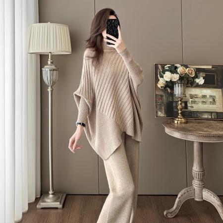 FA49105# 慵懒风休闲精致两件套装秋冬季新款不规则蝙蝠袖针织衫阔腿裤 服裝批發女裝批發服飾貨源