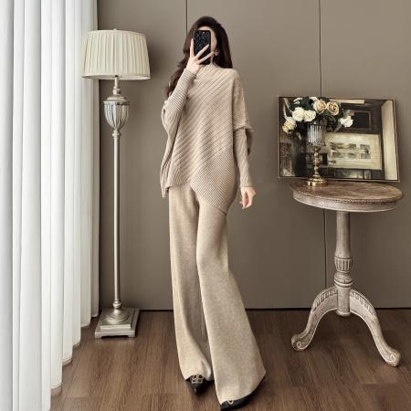 FA49105# 慵懒风休闲精致两件套装秋冬季新款不规则蝙蝠袖针织衫阔腿裤 服裝批發女裝批發服飾貨源