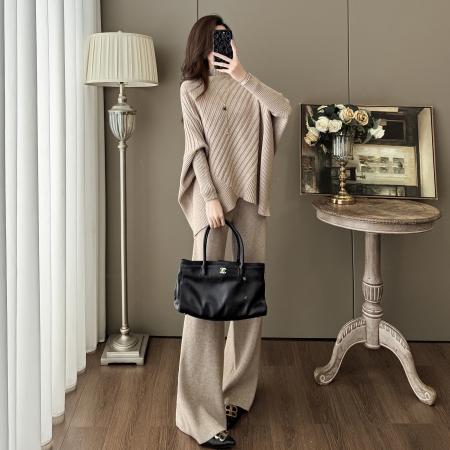 FA49105# 慵懒风休闲精致两件套装秋冬季新款不规则蝙蝠袖针织衫阔腿裤 服裝批發女裝批發服飾貨源