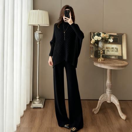 FA49105# 慵懒风休闲精致两件套装秋冬季新款不规则蝙蝠袖针织衫阔腿裤 服裝批發女裝批發服飾貨源