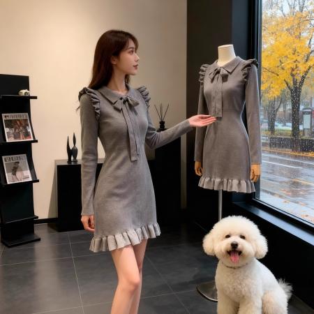 FA49106# 高级感针织连衣裙女秋冬新款设计感法式收腰显瘦小个子毛衣裙 服裝批發女裝批發服飾貨源