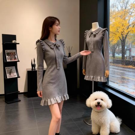 FA49106# 高级感针织连衣裙女秋冬新款设计感法式收腰显瘦小个子毛衣裙 服裝批發女裝批發服飾貨源