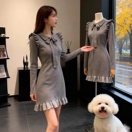 FA49106# 高级感针织连衣裙女秋冬新款设计感法式收腰显瘦小个子毛衣裙 服裝批發女裝批發服飾貨源