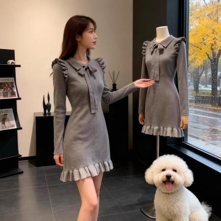 FA49106# 高级感针织连衣裙女秋冬新款设计感法式收腰显瘦小个子毛衣裙 服裝批發女裝批發服飾貨源