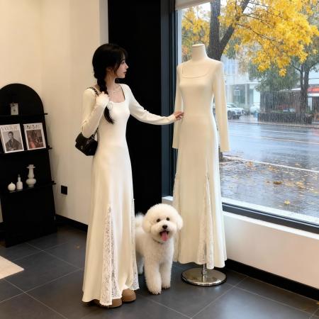 FA49107# 温柔风加厚连衣裙女秋冬蕾丝拼接收腰显瘦气质极简风针织长裙 服裝批發女裝批發服飾貨源